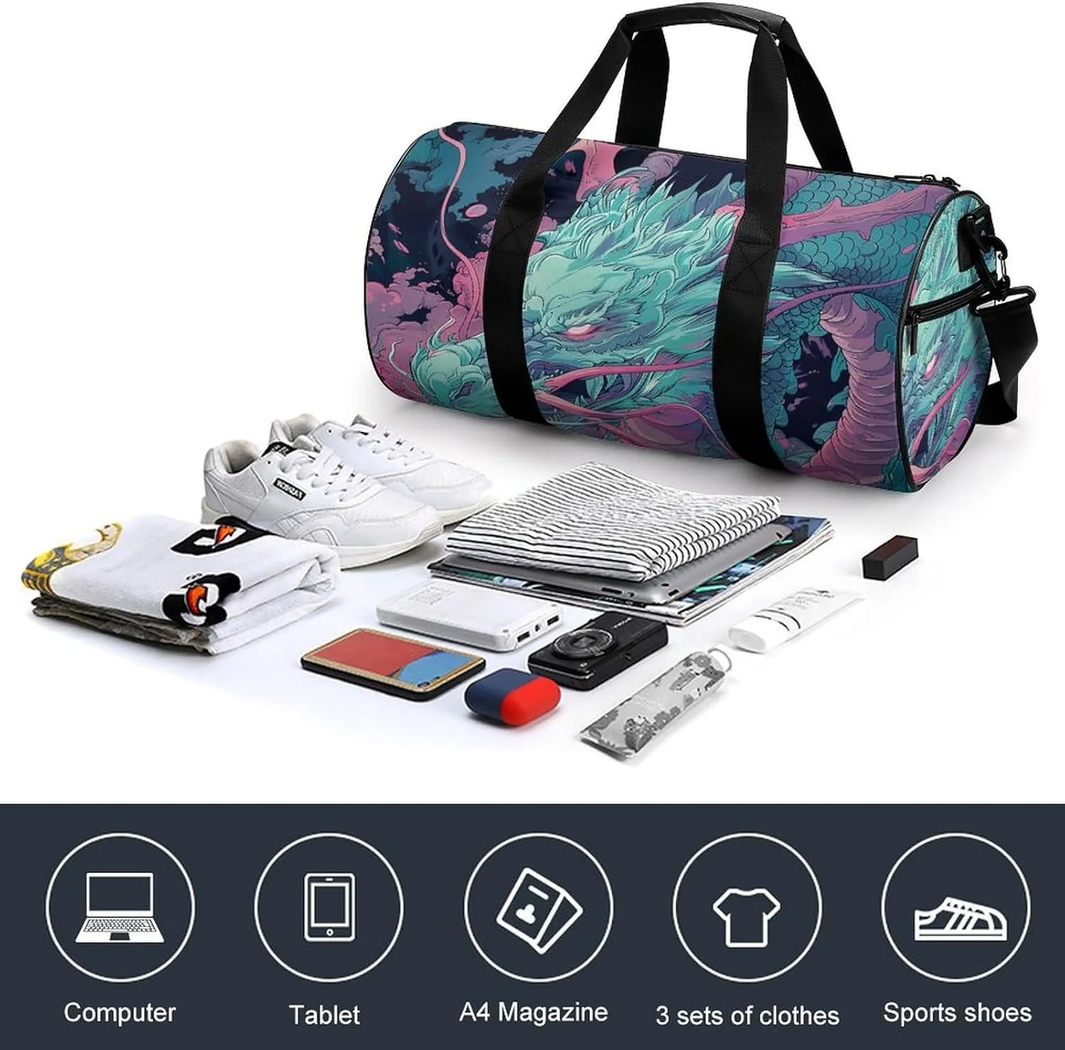 Gym Bags for Men Women Fantasy Style Dragon Duffle Bag Travel Overnight Bag with Shoe Compartment Tote Bags