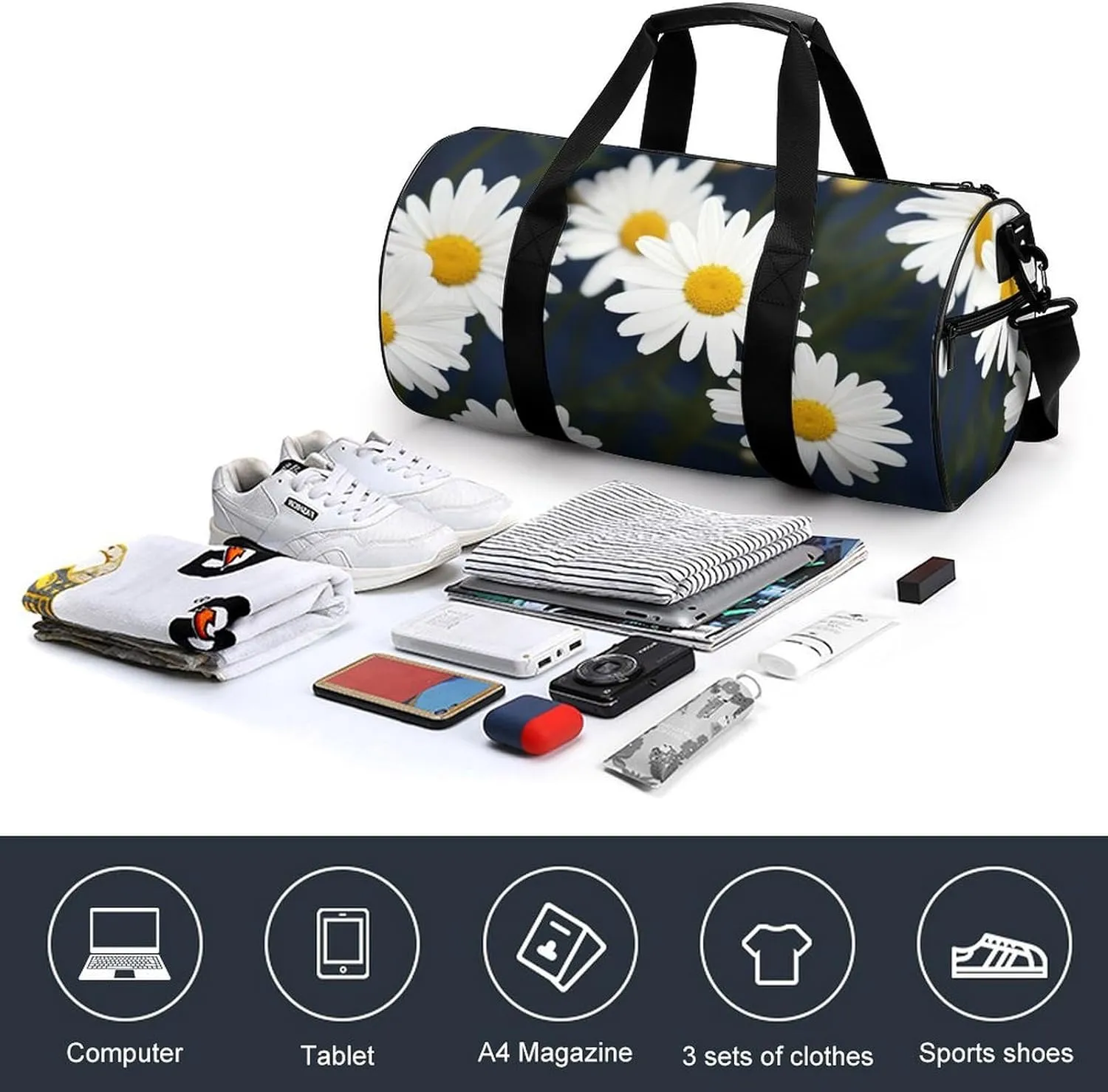 Gym Bags for Men Women Flowers Daisy Duffle Bag Travel Overnight Bag with Shoe Compartment Tote Bags