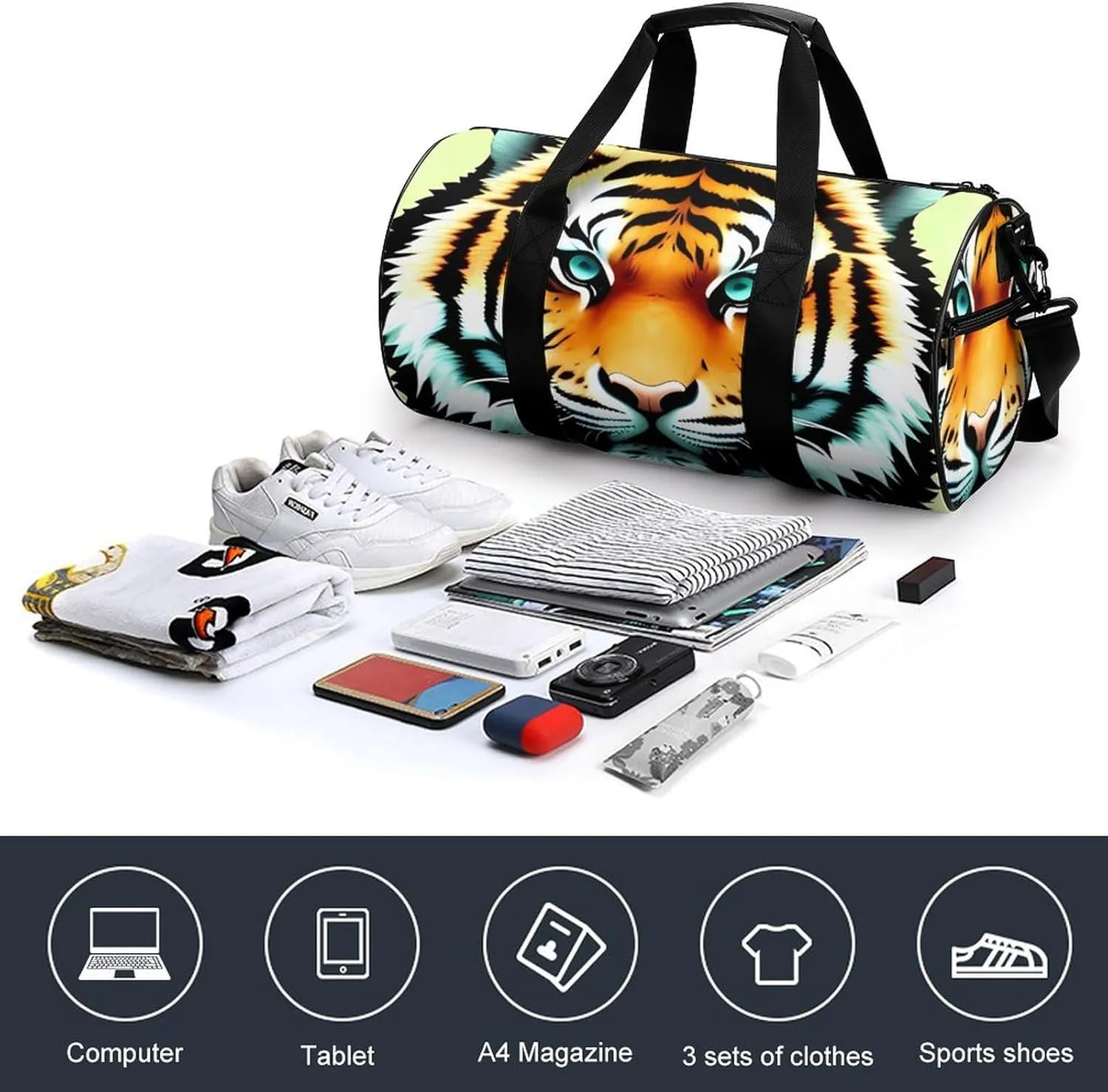 Gym Bags for Men Women Little Fat Tiger Head Duffle Bag Travel Overnight Bag with Shoe Compartment Tote Bags