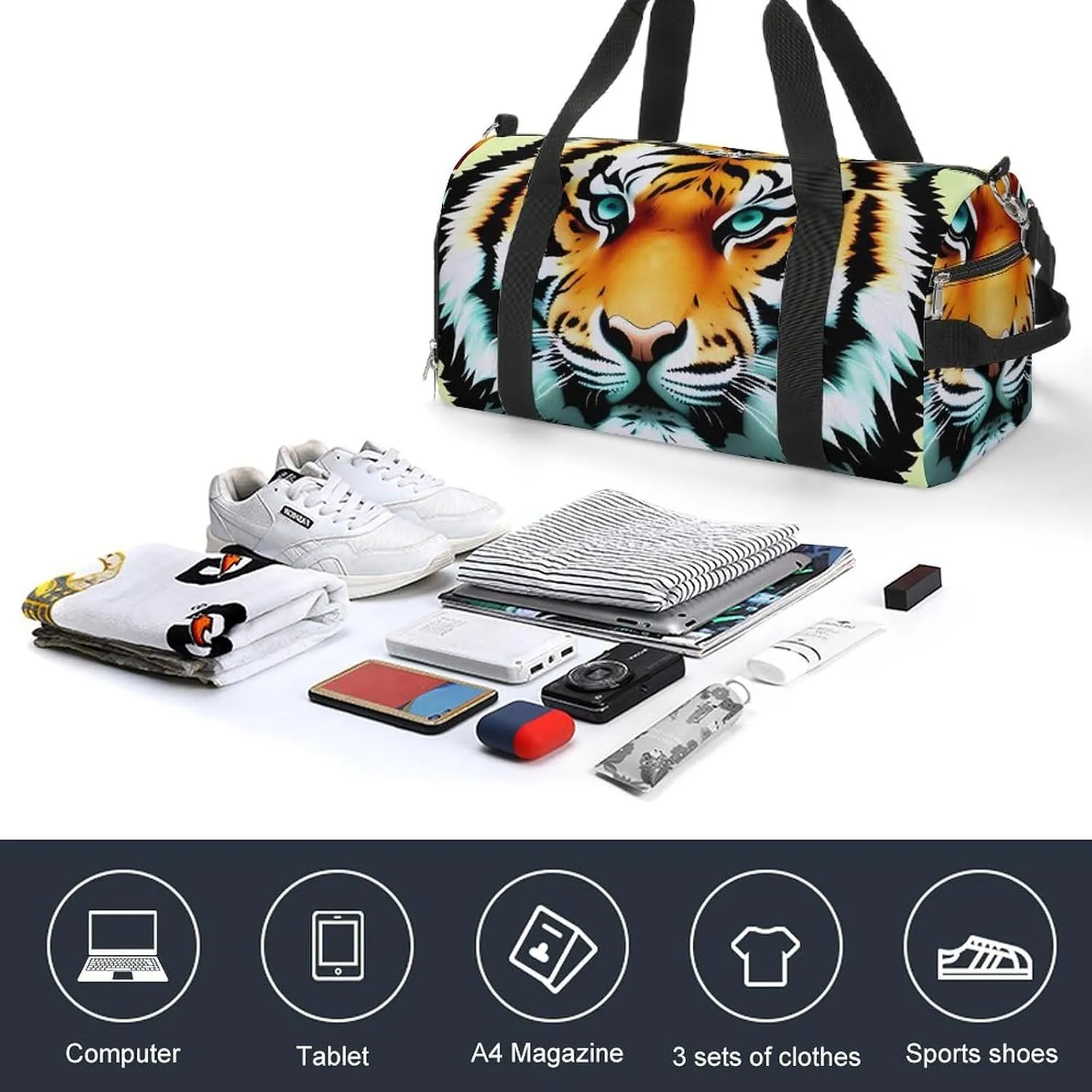 Gym Bags for Men Women Little Fat Tiger Head Duffle Bag Travel Overnight Bag with Shoe Compartment Tote Bags