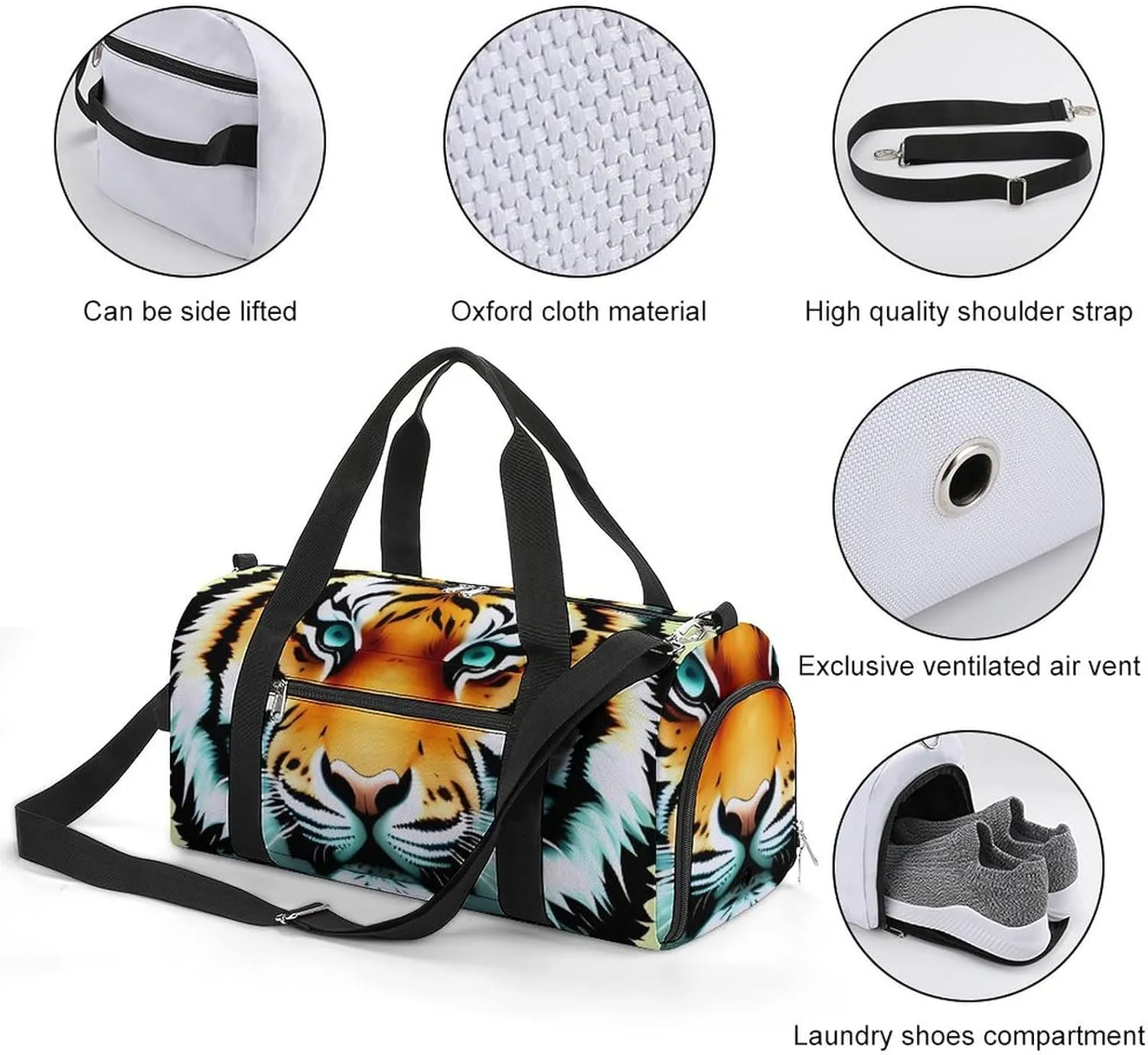Gym Bags for Men Women Little Fat Tiger Head Duffle Bag Travel Overnight Bag with Shoe Compartment Tote Bags
