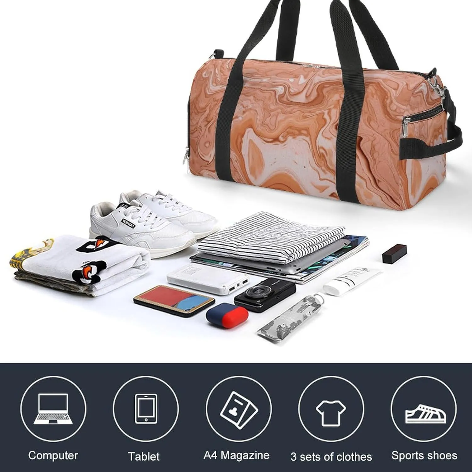 Gym Bags for Men Women Orange Fluid Lines Duffle Bag Travel Overnight Bag with Shoe Compartment Tote Bags