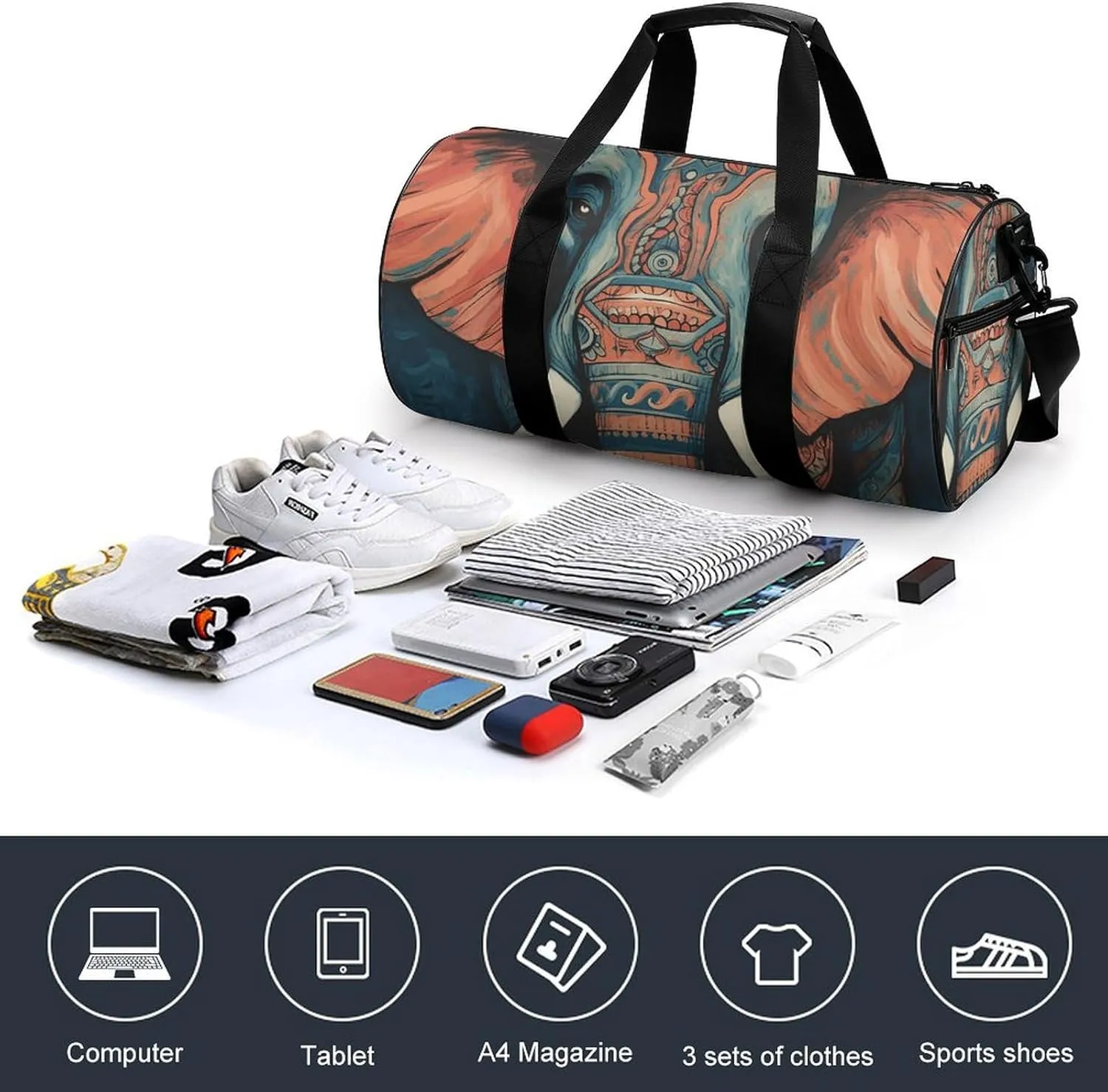 Gym Bags Small Abstract Elephant Duffel Bag Overnight Bag with Shoe Compartment Carryon Bag for Men Women