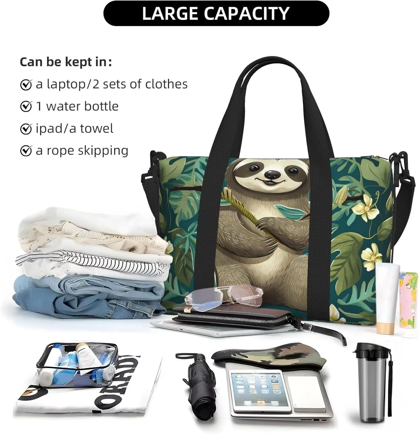 Gym Bags Small Adorable Sloth Duffel Bag Overnight Bag with Shoe Compartment Carryon Bag for Men Women