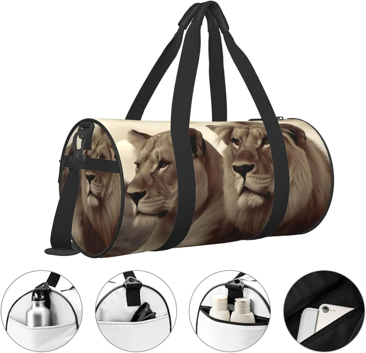 Gym Bags Small African Lion and Lioness Duffel Bag Overnight Bag with Shoe Compartment Carryon Bag for Men Women