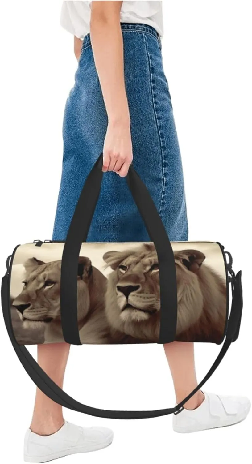 Gym Bags Small African Lion and Lioness Duffel Bag Overnight Bag with Shoe Compartment Carryon Bag for Men Women