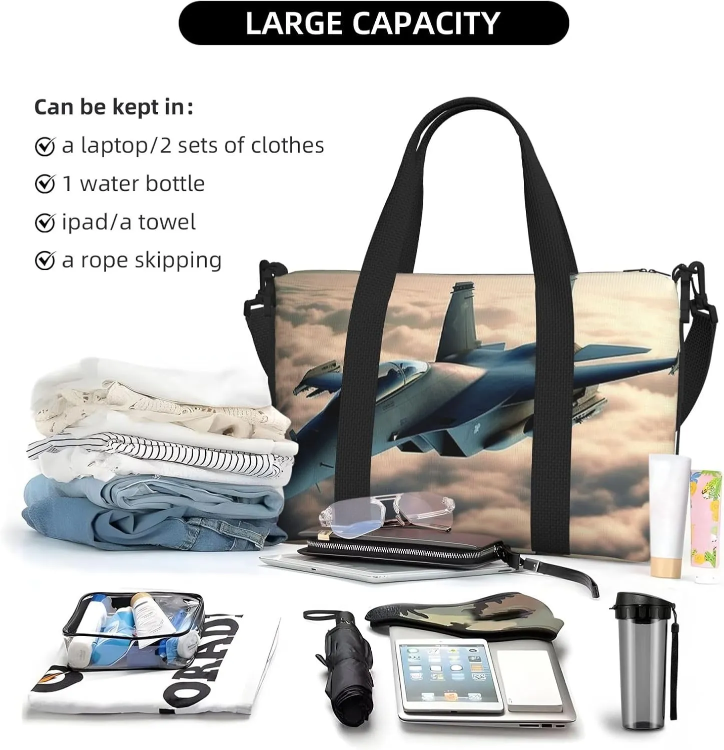 Gym Bags Small Aircraft Fighter Jets Duffel Bag Overnight Bag with Shoe Compartment Carryon Bag for Men Women