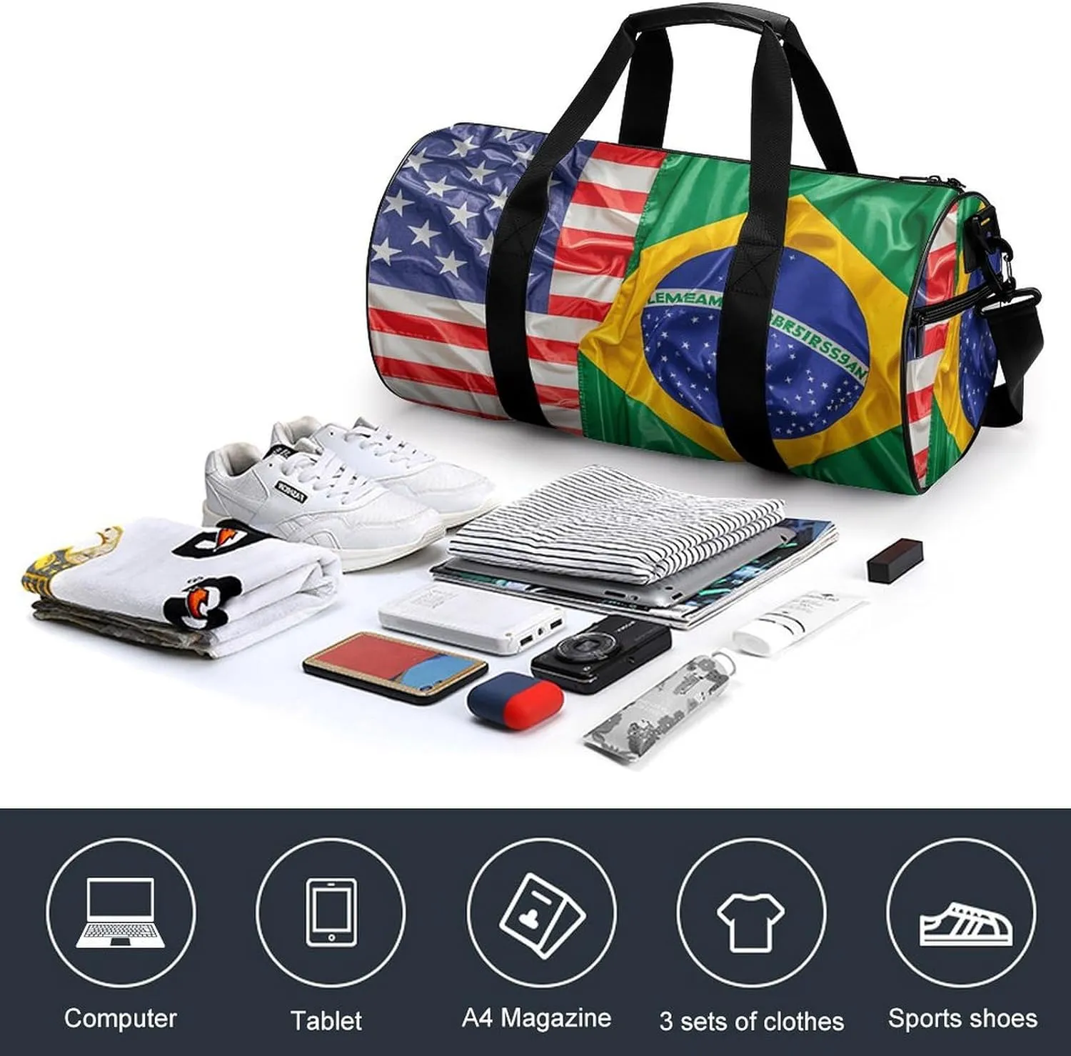 Gym Bags Small American And Brazilian Flags Duffel Bag Overnight Bag with Shoe Compartment Carryon Bag for Men Women