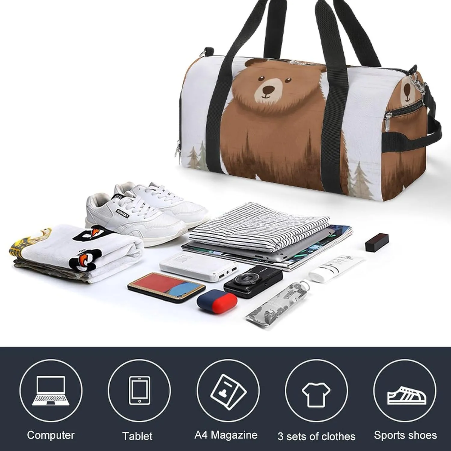 Gym Bags Small Animal Bear Duffel Bag Overnight Bag with Shoe Compartment Carryon Bag for Men Women