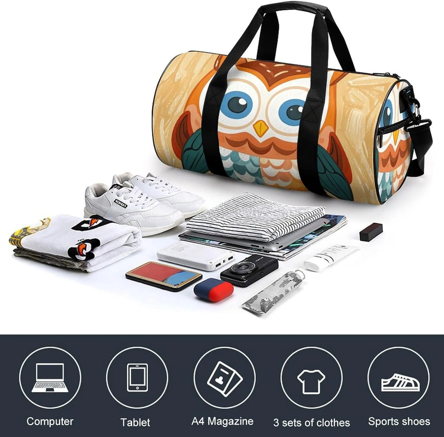 Gym Bags Small Animal Cartoon Owls Cute Duffel Bag Overnight Bag with Shoe Compartment Carryon Bag for Men Women