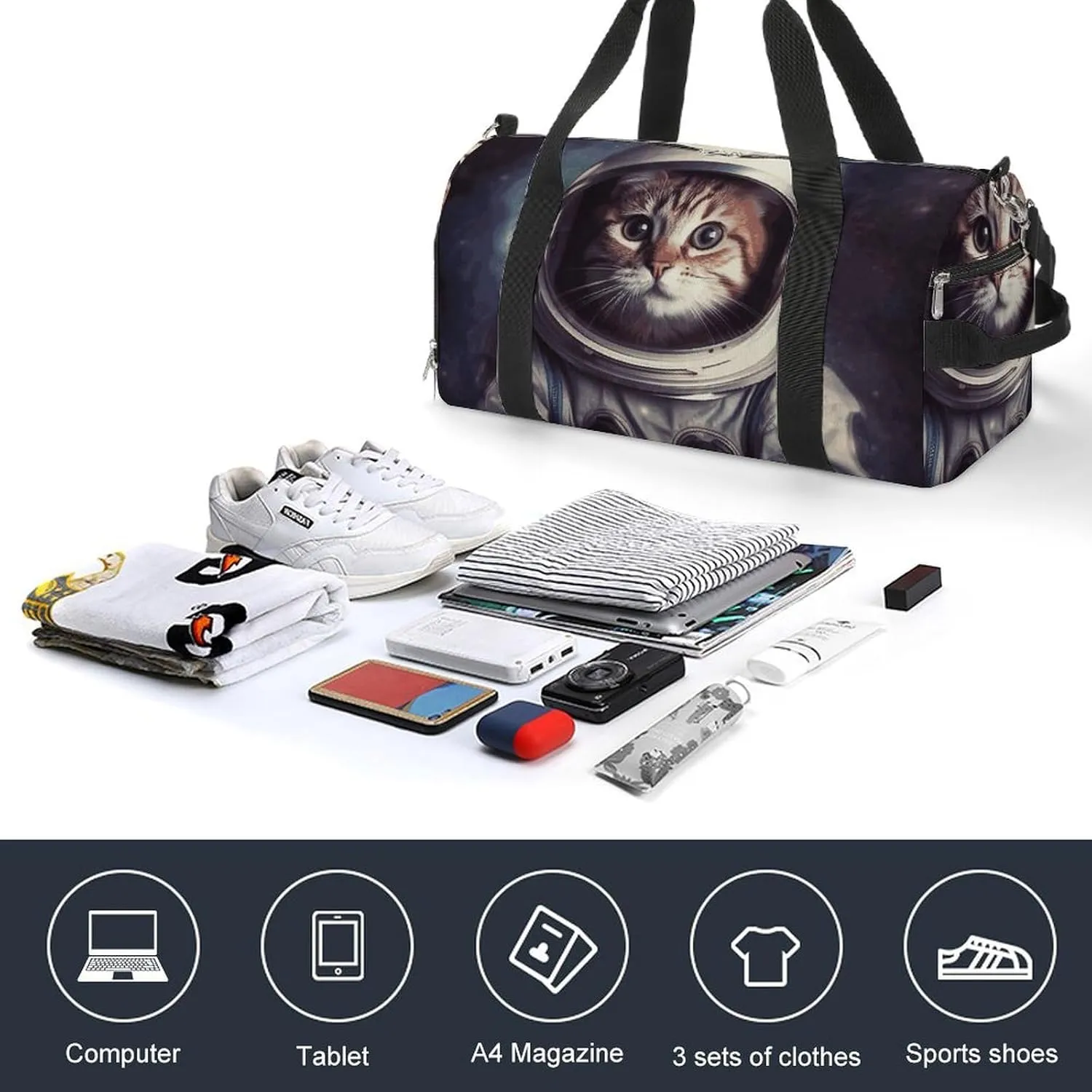 Gym Bags Small Animal Cat Astronaut Duffel Bag Overnight Bag with Shoe Compartment Carryon Bag for Men Women