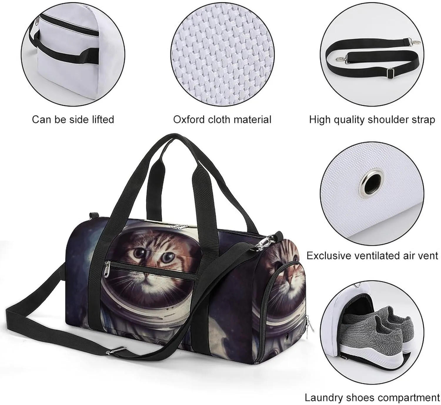 Gym Bags Small Animal Cat Astronaut Duffel Bag Overnight Bag with Shoe Compartment Carryon Bag for Men Women