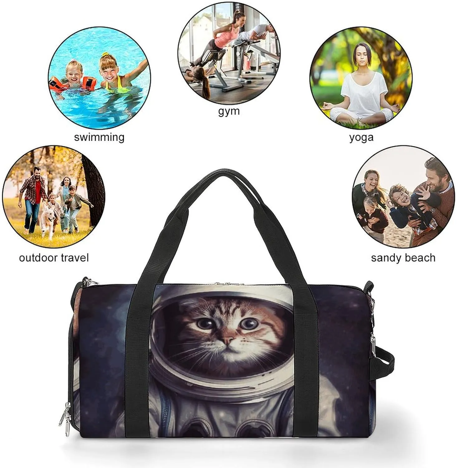 Gym Bags Small Animal Cat Astronaut Duffel Bag Overnight Bag with Shoe Compartment Carryon Bag for Men Women