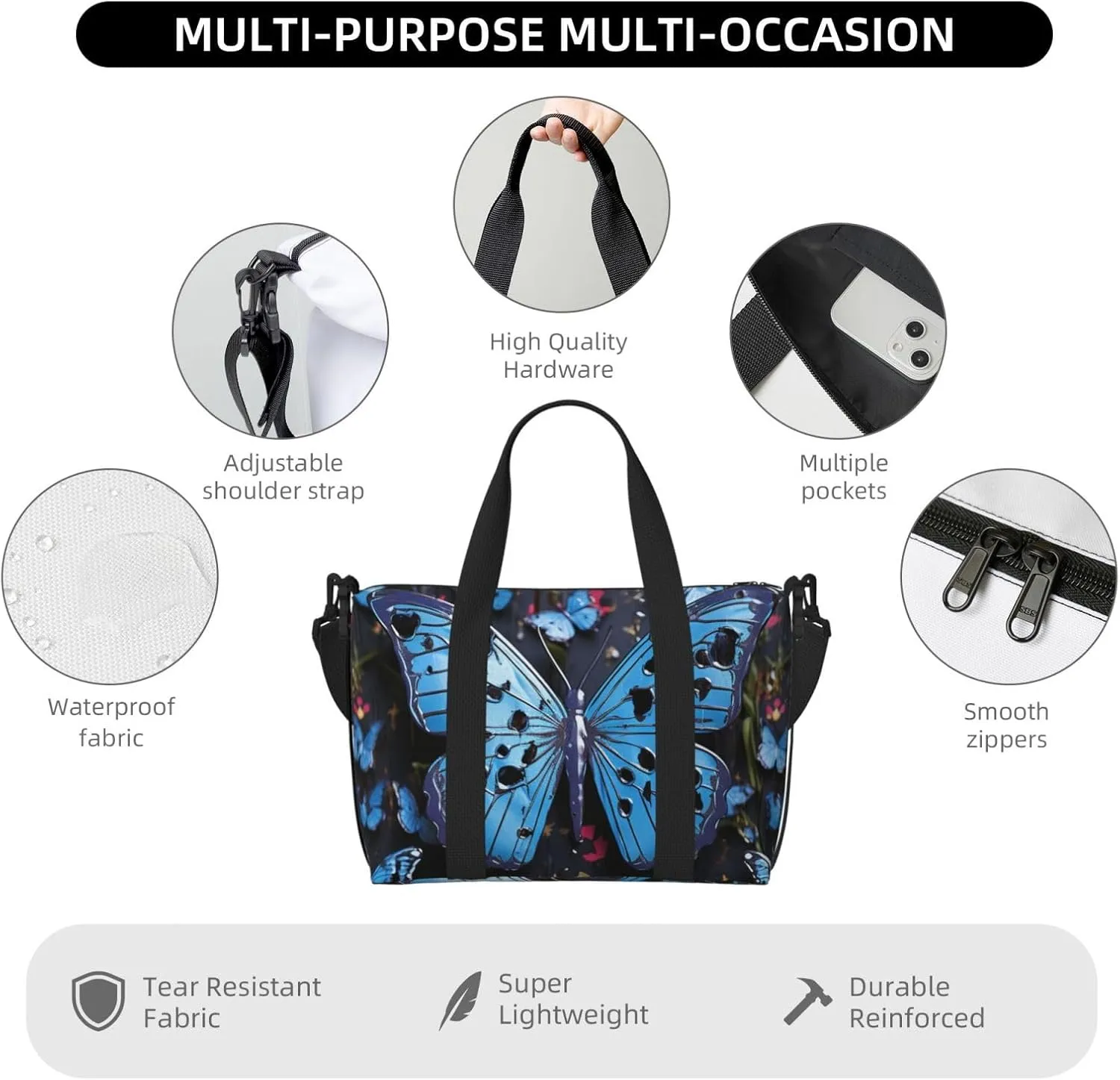 Gym Bags Small Blue butterfly Duffel Bag Overnight Bag with Shoe Compartment Carryon Bag for Men Women