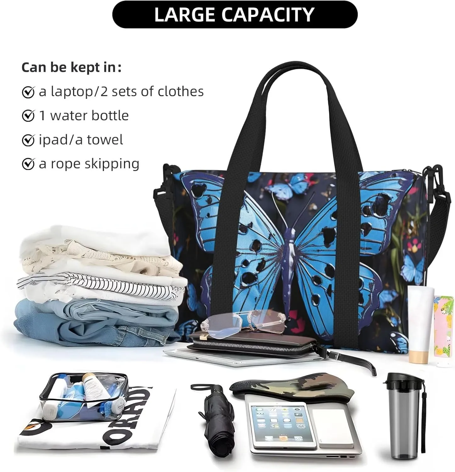 Gym Bags Small Blue butterfly Duffel Bag Overnight Bag with Shoe Compartment Carryon Bag for Men Women
