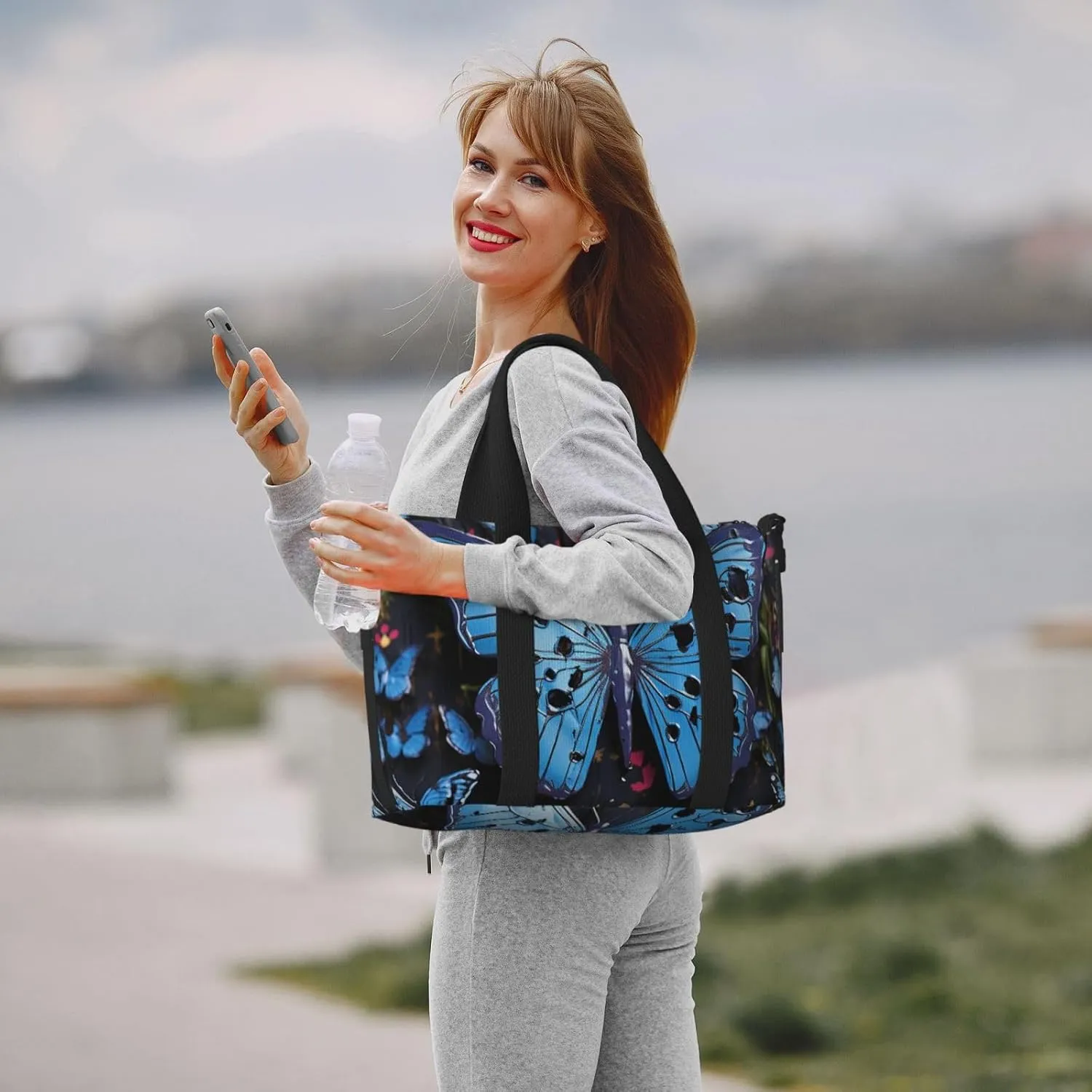Gym Bags Small Blue butterfly Duffel Bag Overnight Bag with Shoe Compartment Carryon Bag for Men Women