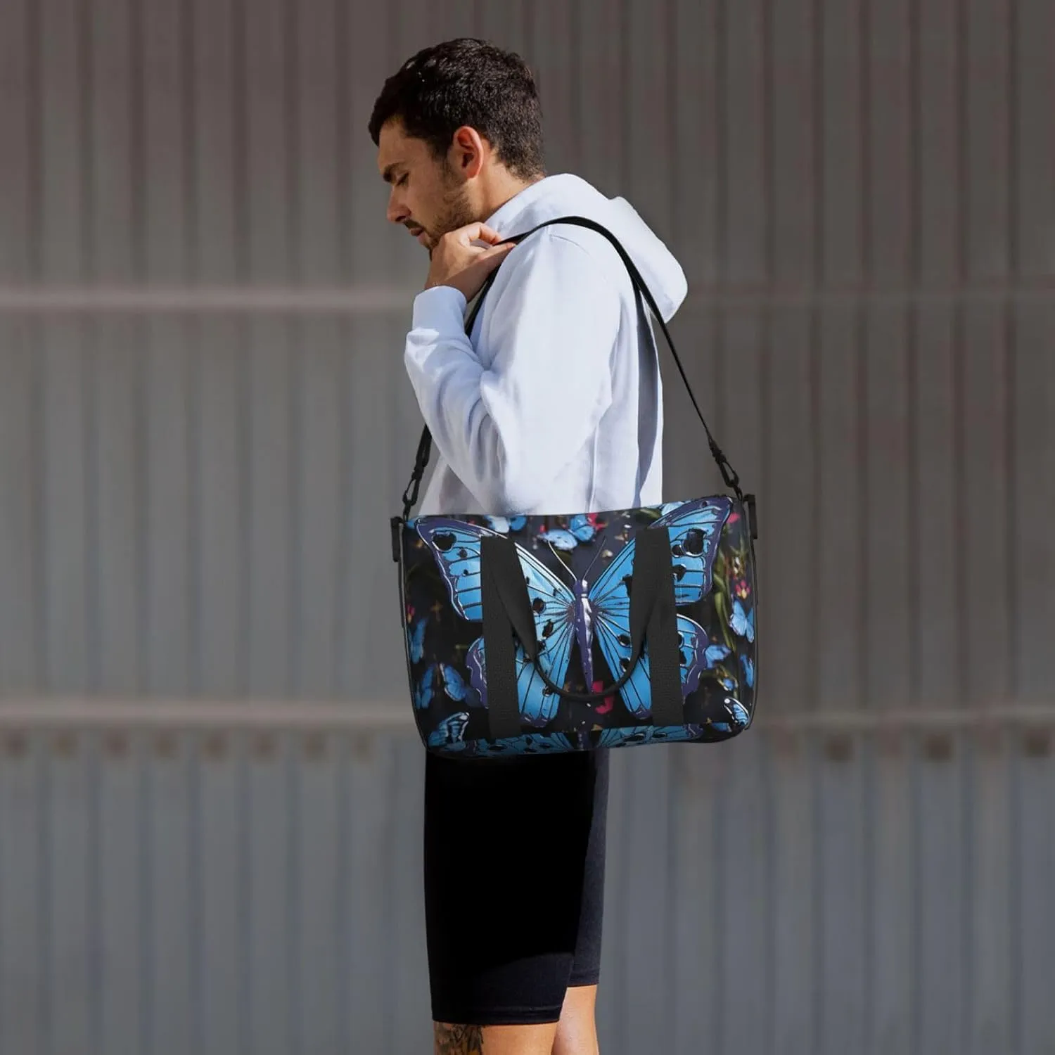 Gym Bags Small Blue butterfly Duffel Bag Overnight Bag with Shoe Compartment Carryon Bag for Men Women