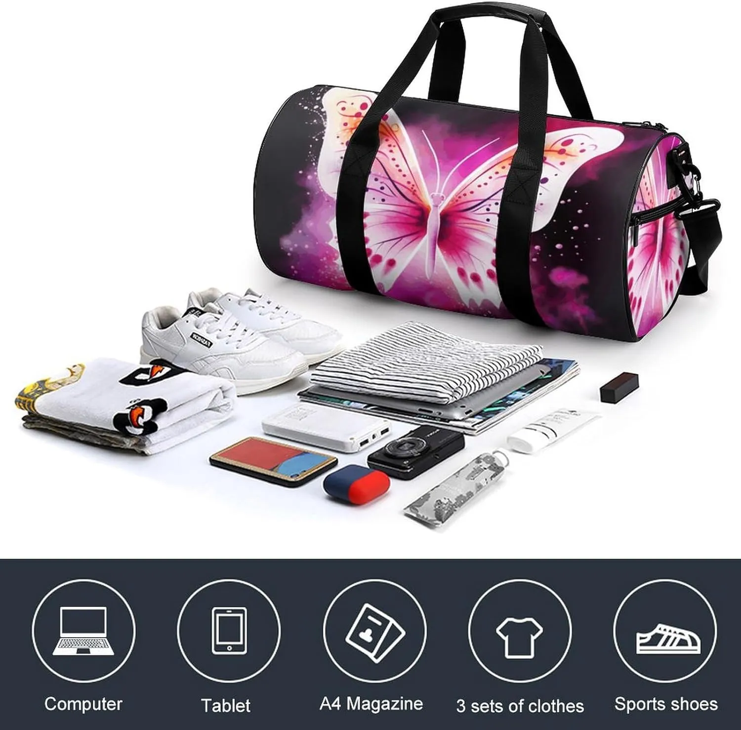 Gym Bags Small Butterfly Duffel Bag Overnight Bag with Shoe Compartment Carryon Bag for Men Women