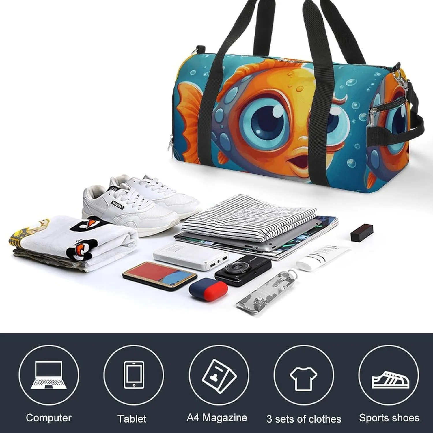 Gym Bags Small Cartoon Little Fish Duffel Bag Overnight Bag with Shoe Compartment Carryon Bag for Men Women