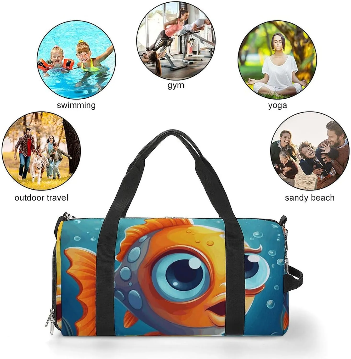 Gym Bags Small Cartoon Little Fish Duffel Bag Overnight Bag with Shoe Compartment Carryon Bag for Men Women