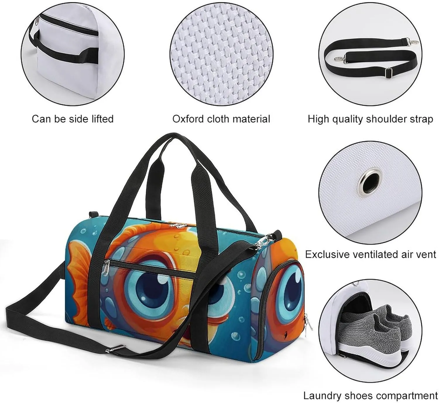 Gym Bags Small Cartoon Little Fish Duffel Bag Overnight Bag with Shoe Compartment Carryon Bag for Men Women