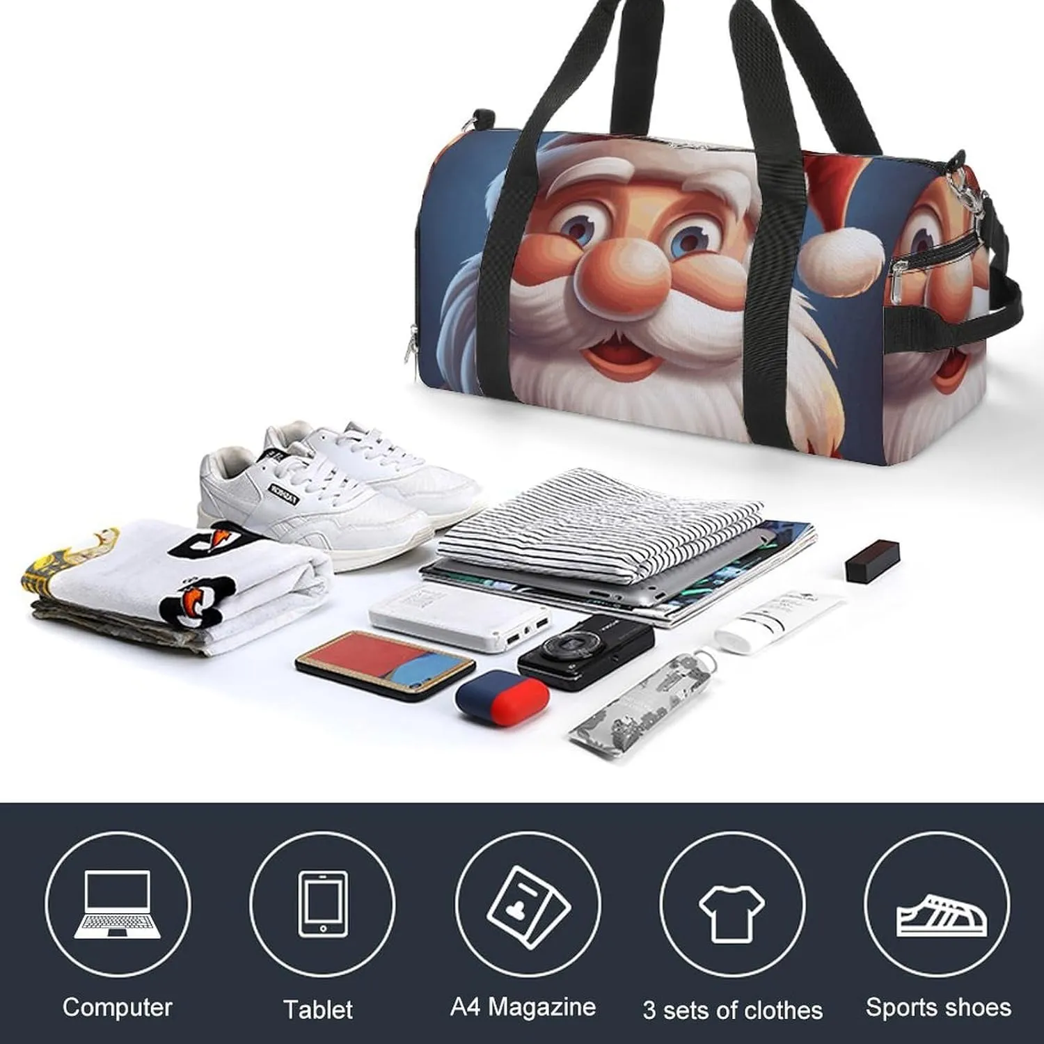 Gym Bags Small Cartoon Santa Claus Duffel Bag Overnight Bag with Shoe Compartment Carryon Bag for Men Women