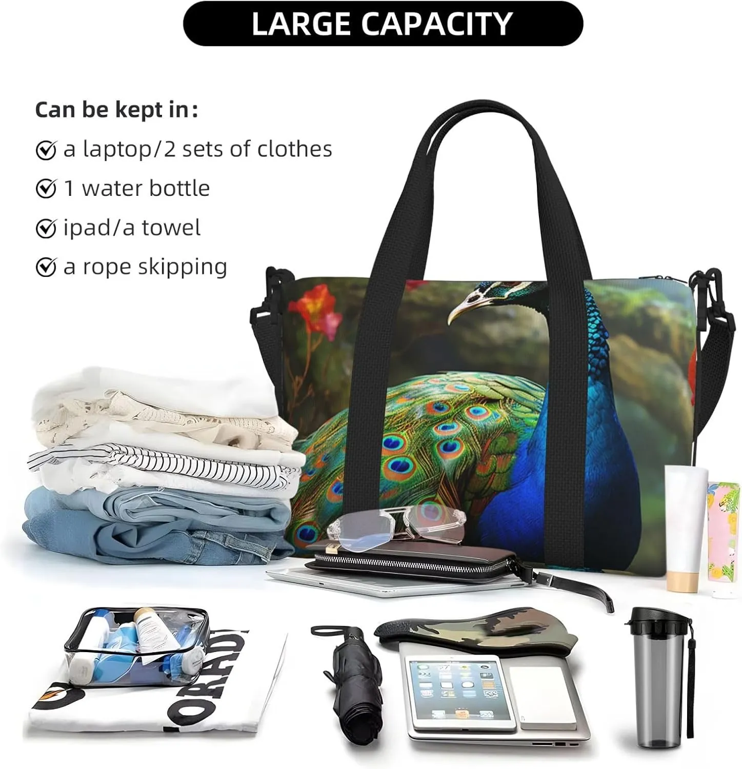 Gym Bags Small Colorful Peacock Duffel Bag Overnight Bag with Shoe Compartment Carryon Bag for Men Women