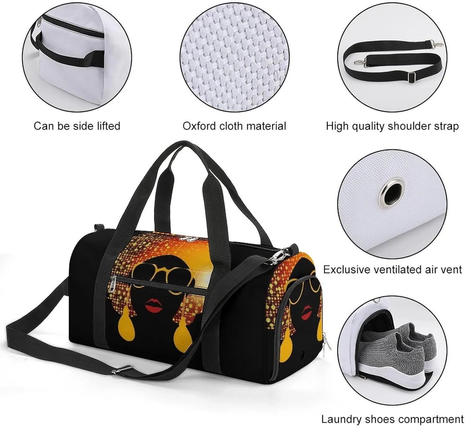 Gym Bags Small Cute African Woman Duffel Bag Overnight Bag with Shoe Compartment Carryon Bag for Men Women