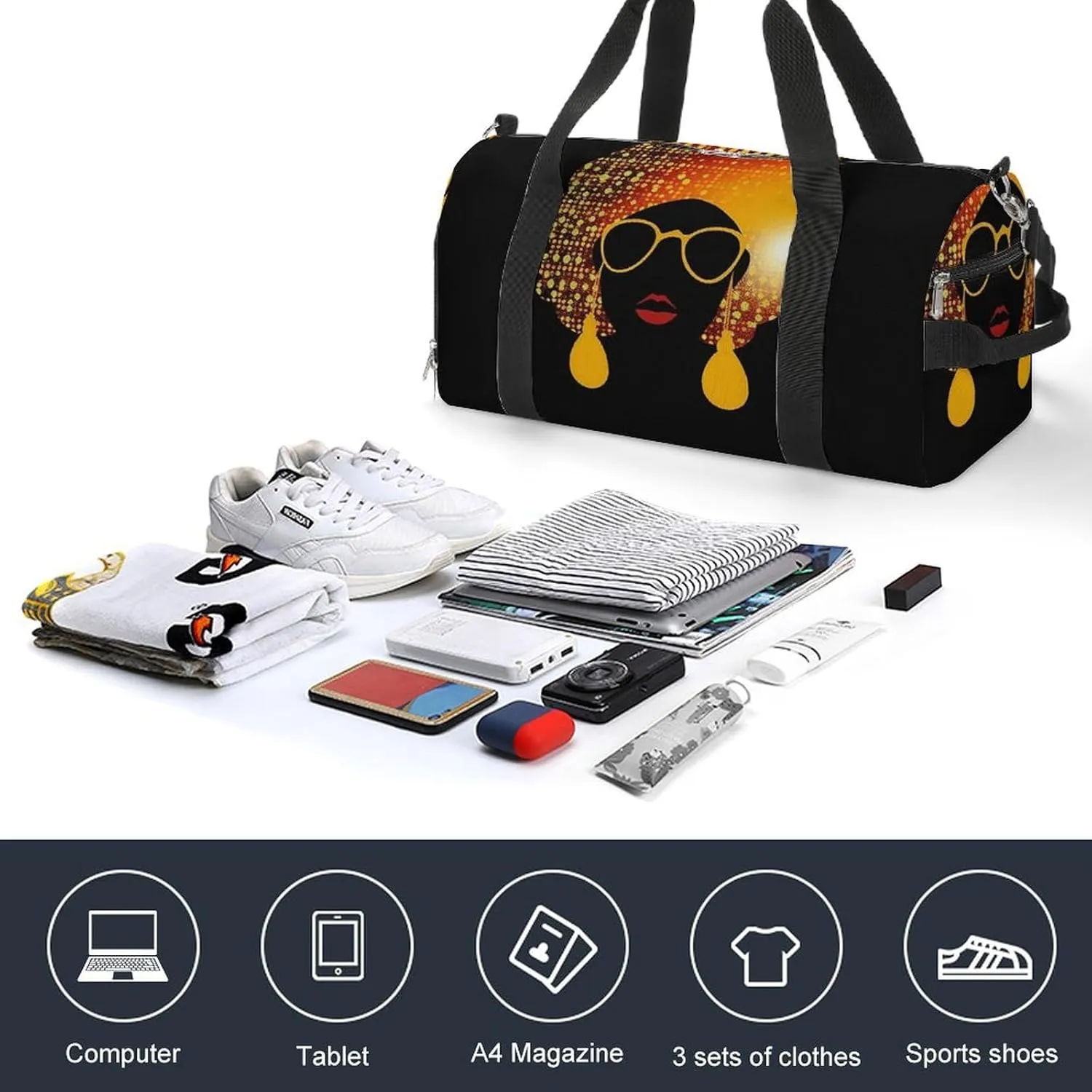 Gym Bags Small Cute African Woman Duffel Bag Overnight Bag with Shoe Compartment Carryon Bag for Men Women
