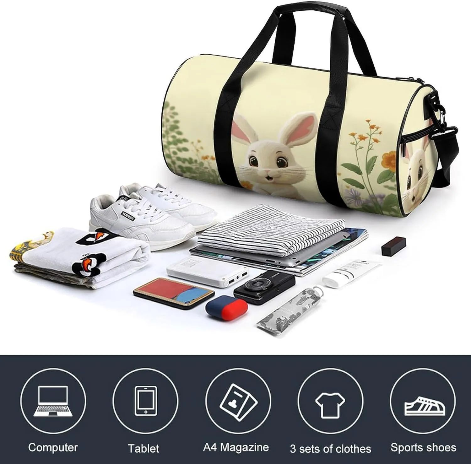 Gym Bags Small Cute Bunny Duffel Bag Overnight Bag with Shoe Compartment Carryon Bag for Men Women