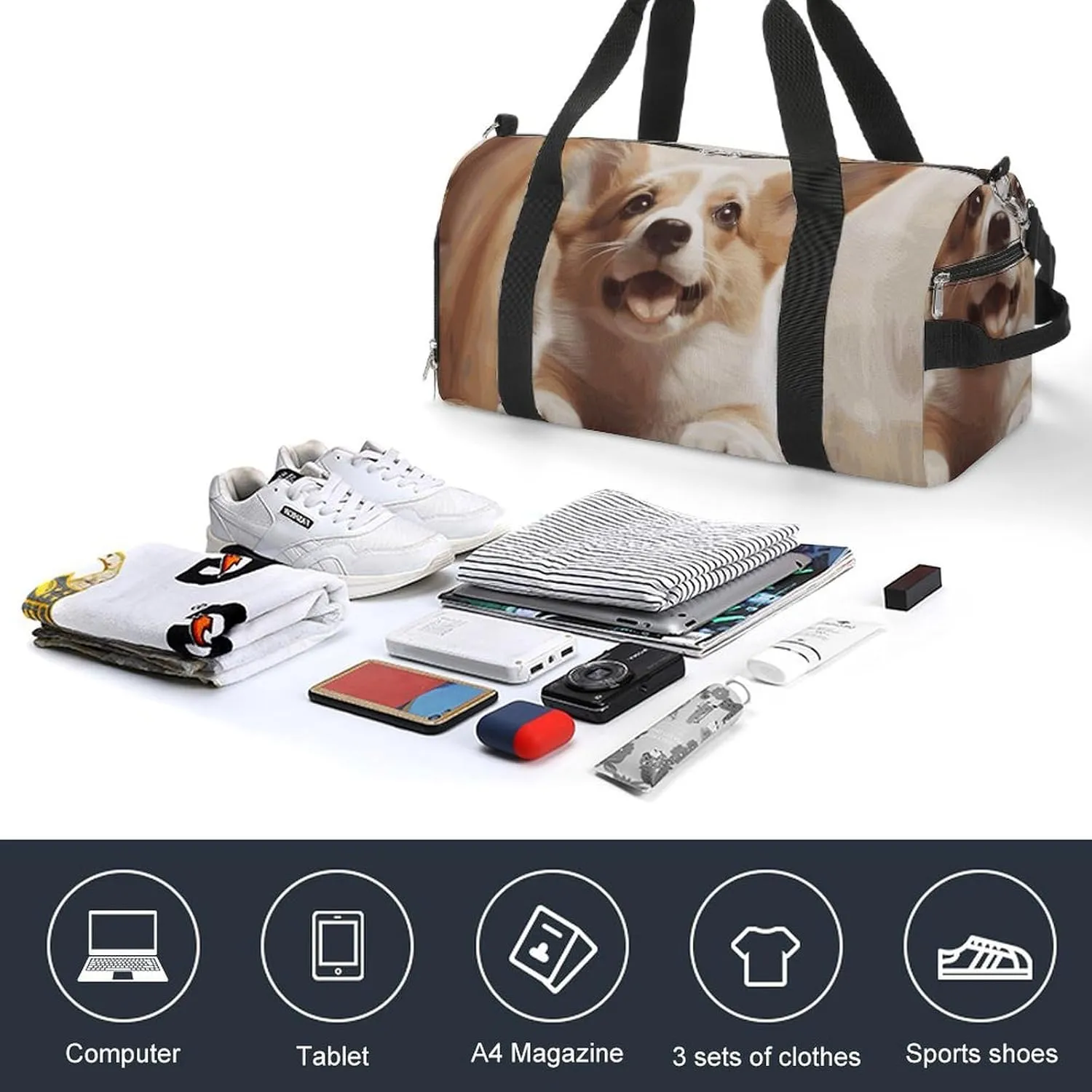 Gym Bags Small Cute Corgi Duffel Bag Overnight Bag with Shoe Compartment Carryon Bag for Men Women
