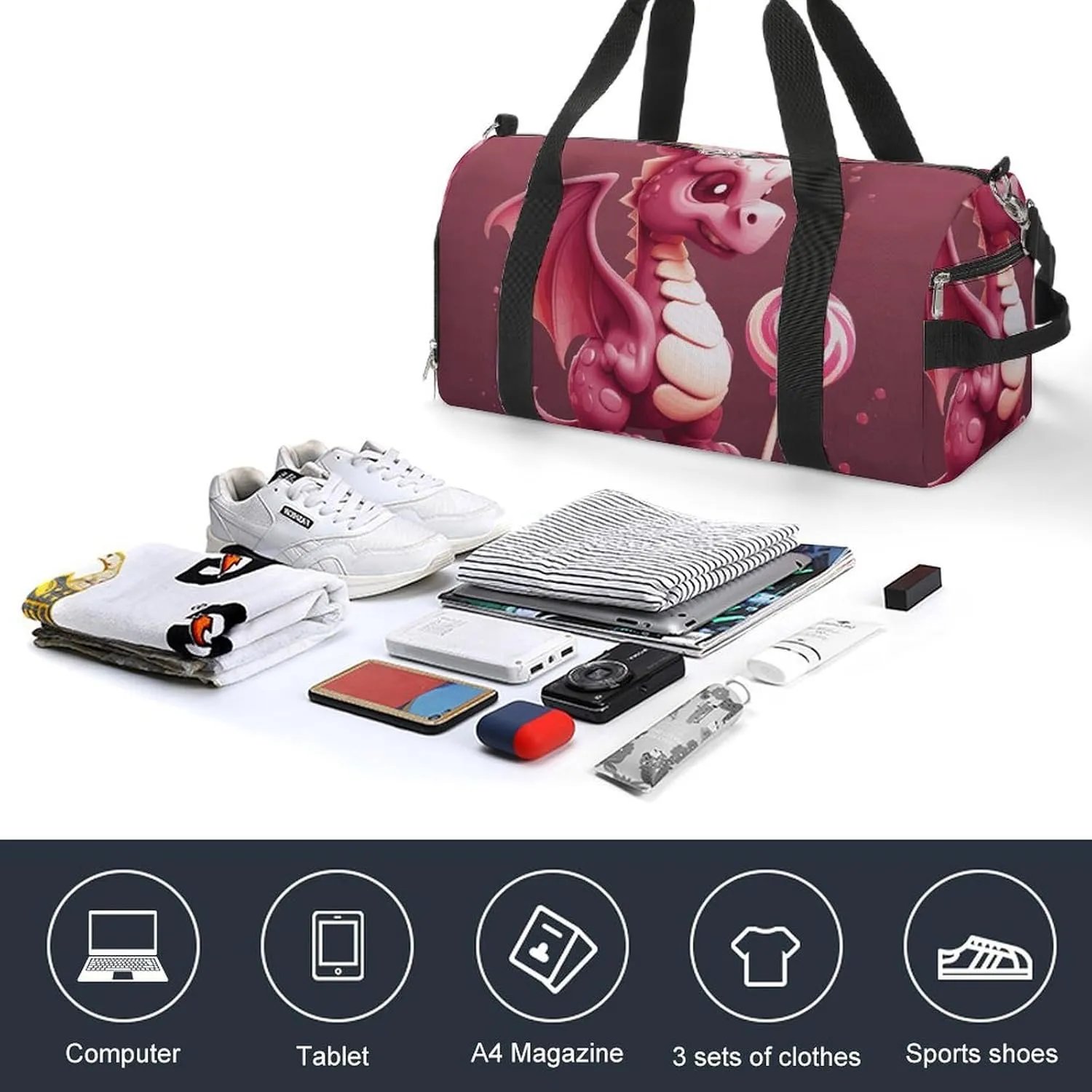 Gym Bags Small Cute Dragon Duffel Bag Overnight Bag with Shoe Compartment Carryon Bag for Men Women
