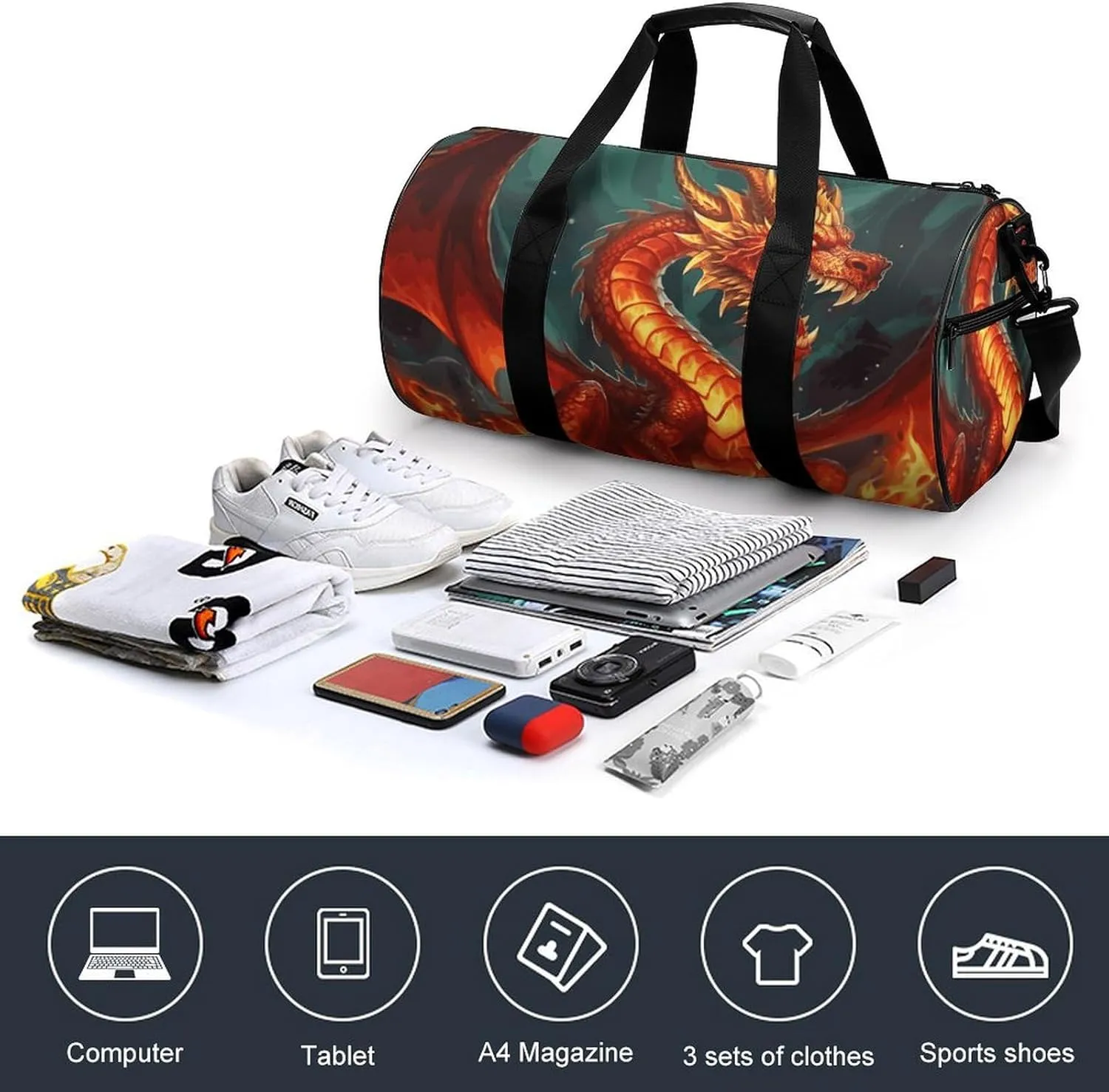 Gym Bags Small Dragon King in Fire Duffel Bag Overnight Bag with Shoe Compartment Carryon Bag for Men Women