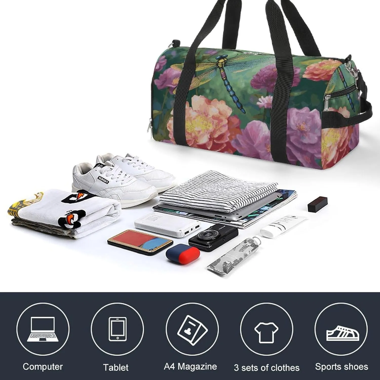 Gym Bags Small Dragonfly Garden Spring Duffel Bag Overnight Bag with Shoe Compartment Carryon Bag for Men Women
