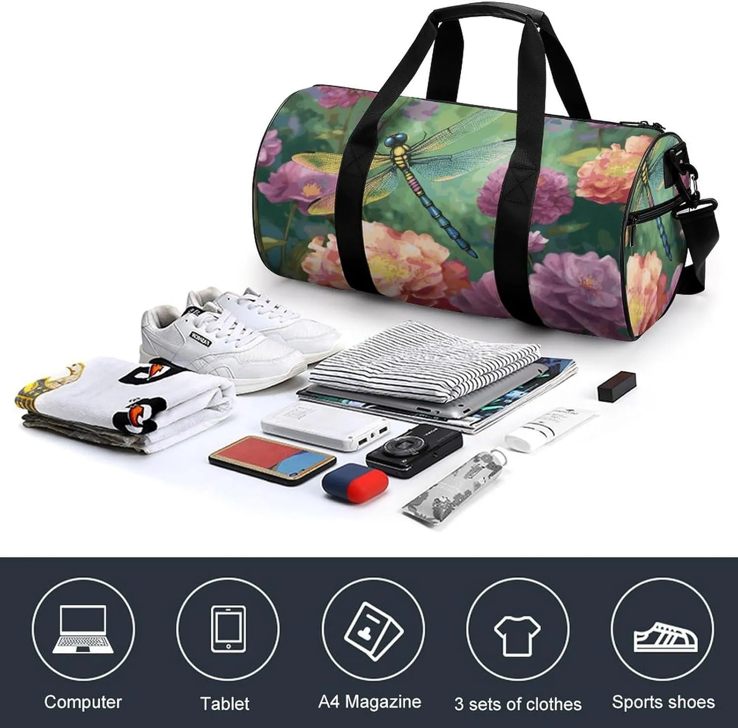 Gym Bags Small Dragonfly Garden Spring Duffel Bag Overnight Bag with Shoe Compartment Carryon Bag for Men Women