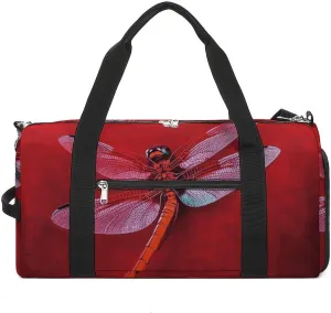 Gym Bags Small Dragonfly on Red Background Duffel Bag Overnight Bag with Shoe Compartment Carryon Bag for Men Women