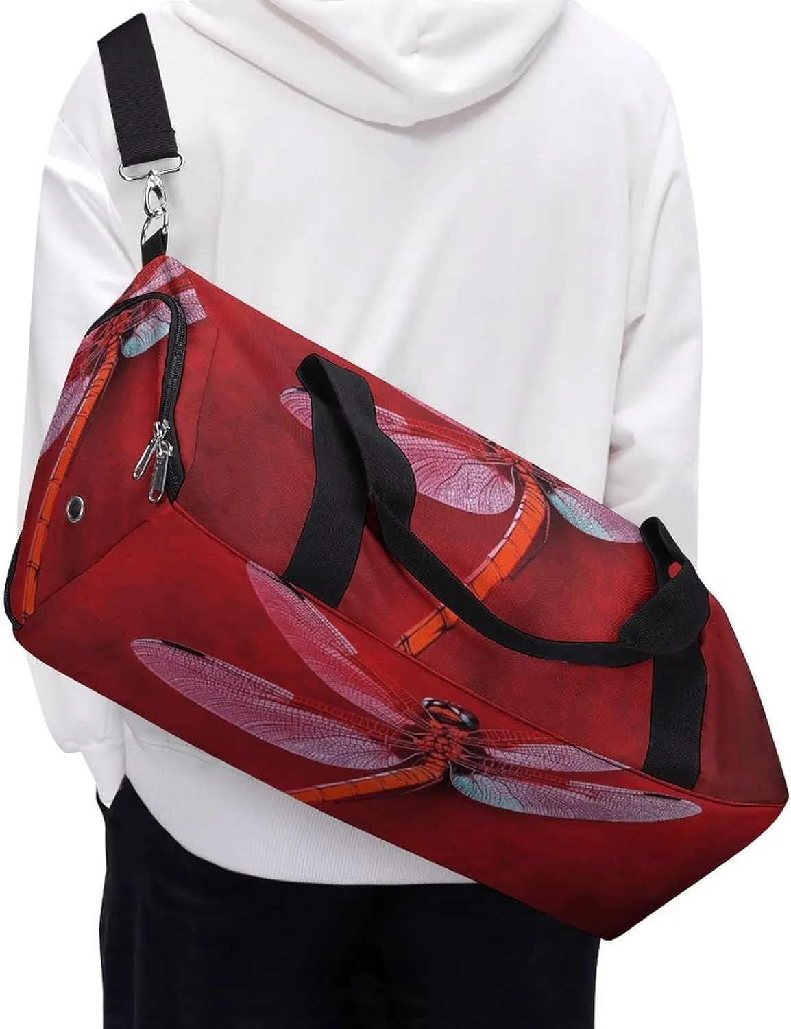 Gym Bags Small Dragonfly on Red Background Duffel Bag Overnight Bag with Shoe Compartment Carryon Bag for Men Women