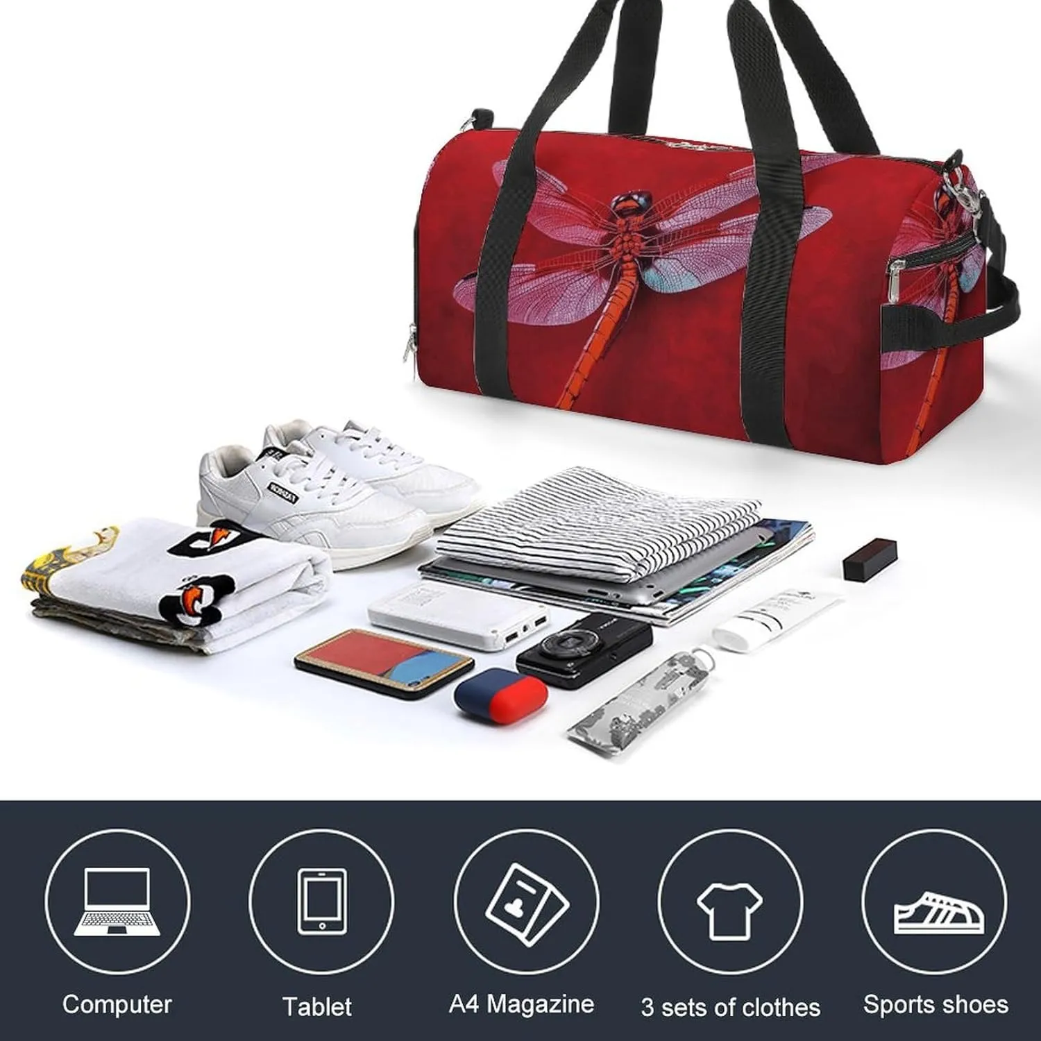 Gym Bags Small Dragonfly on Red Background Duffel Bag Overnight Bag with Shoe Compartment Carryon Bag for Men Women