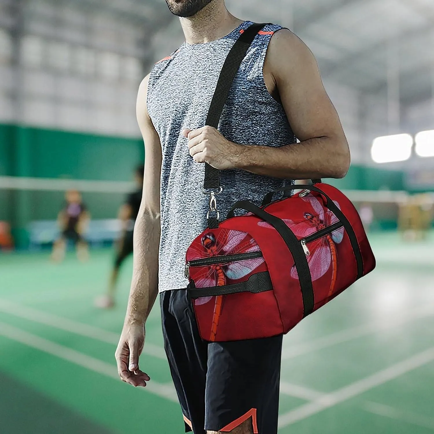 Gym Bags Small Dragonfly on Red Background Duffel Bag Overnight Bag with Shoe Compartment Carryon Bag for Men Women