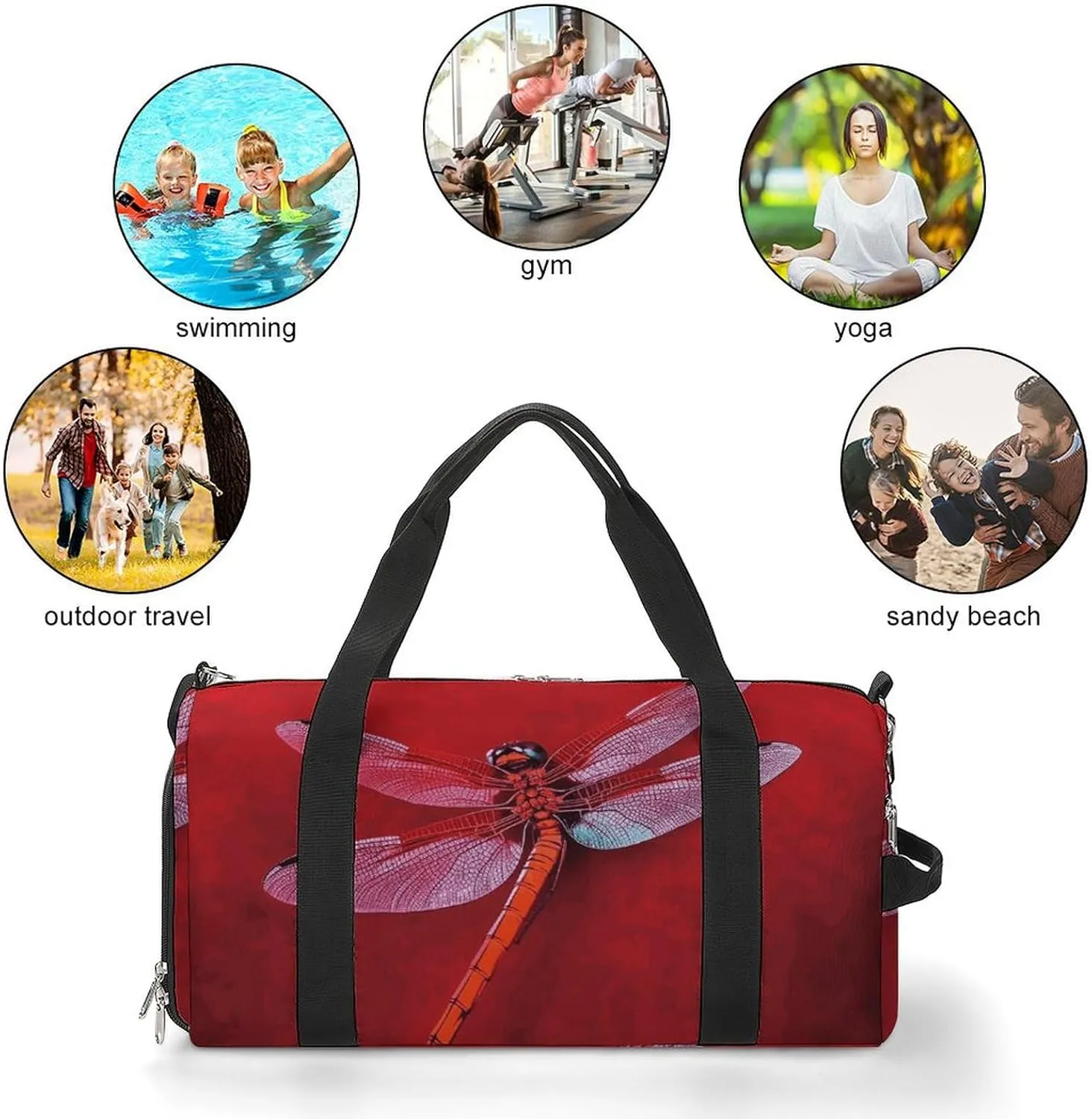 Gym Bags Small Dragonfly on Red Background Duffel Bag Overnight Bag with Shoe Compartment Carryon Bag for Men Women