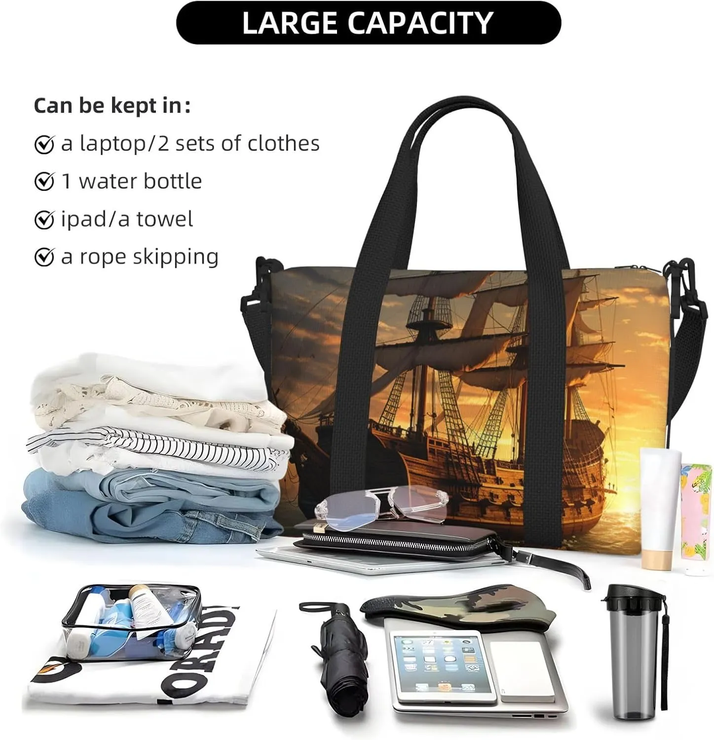 Gym Bags Small Fantasy pirate ship Duffel Bag Overnight Bag with Shoe Compartment Carryon Bag for Men Women