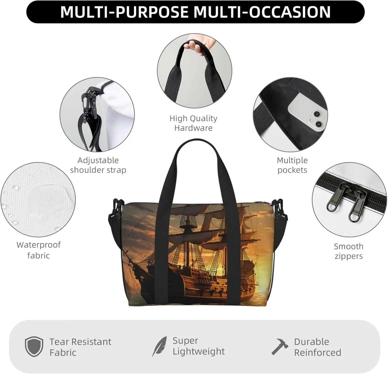 Gym Bags Small Fantasy pirate ship Duffel Bag Overnight Bag with Shoe Compartment Carryon Bag for Men Women