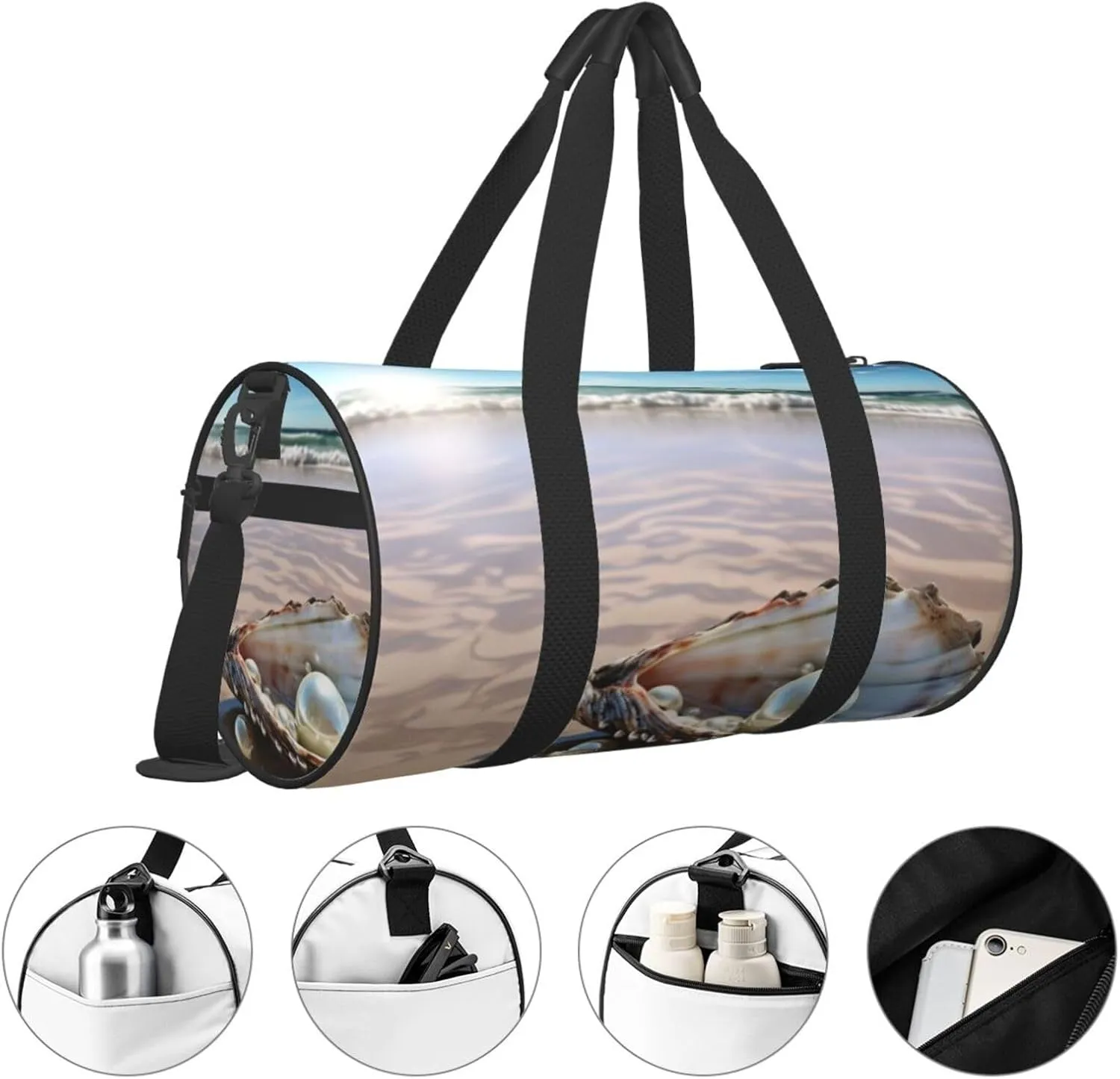 Gym Bags Small Ocean Beach Mussel Pearl Duffel Bag Overnight Bag with Shoe Compartment Carryon Bag for Men Women