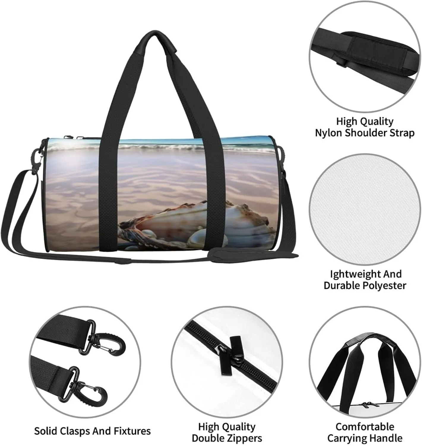 Gym Bags Small Ocean Beach Mussel Pearl Duffel Bag Overnight Bag with Shoe Compartment Carryon Bag for Men Women