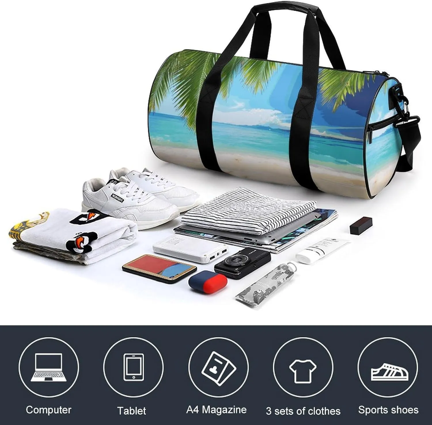 Gym Bags Small Ocean Sea Beach Palm Leaves Duffel Bag Overnight Bag with Shoe Compartment Carryon Bag for Men Women