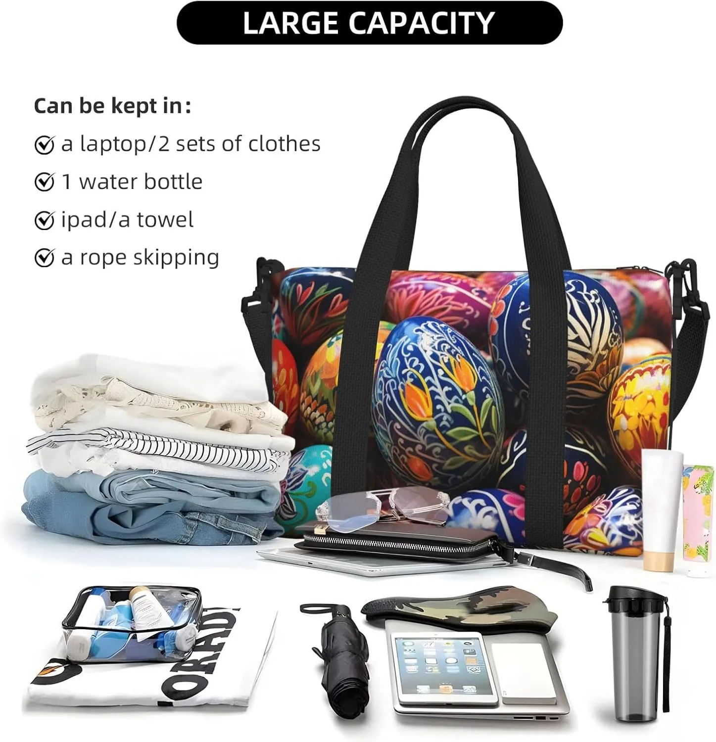 Gym Bags Small Painted Easter Eggs Duffel Bag Overnight Bag with Shoe Compartment Carryon Bag for Men Women