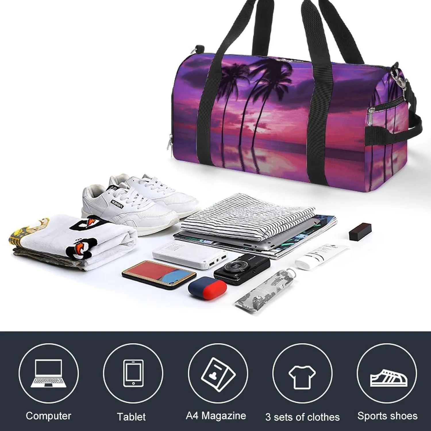 Gym Bags Small Palm Tree Purple Sunset Duffel Bag Overnight Bag with Shoe Compartment Carryon Bag for Men Women