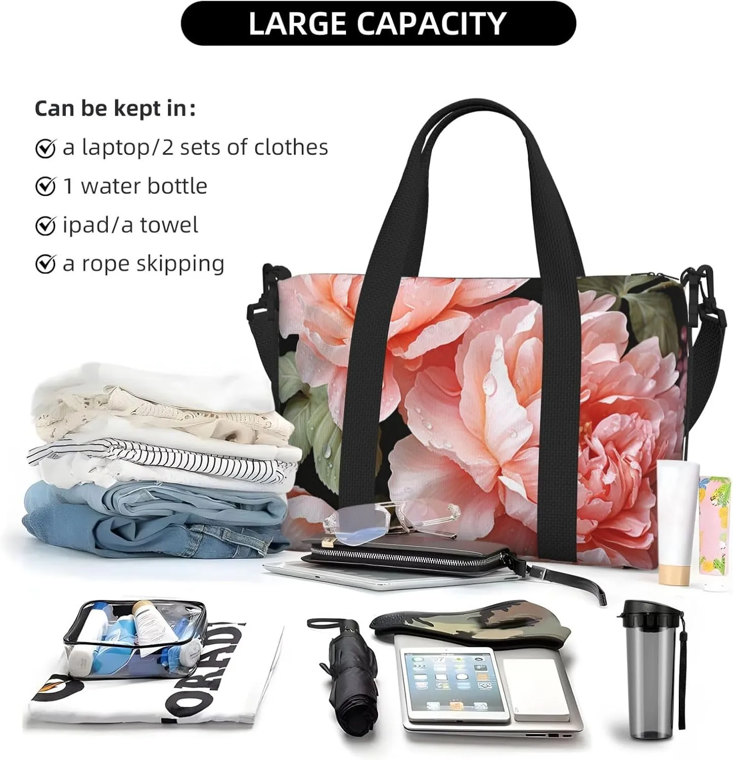 Gym Bags Small Peony Flowers Rose Duffel Bag Overnight Bag with Shoe Compartment Carryon Bag for Men Women