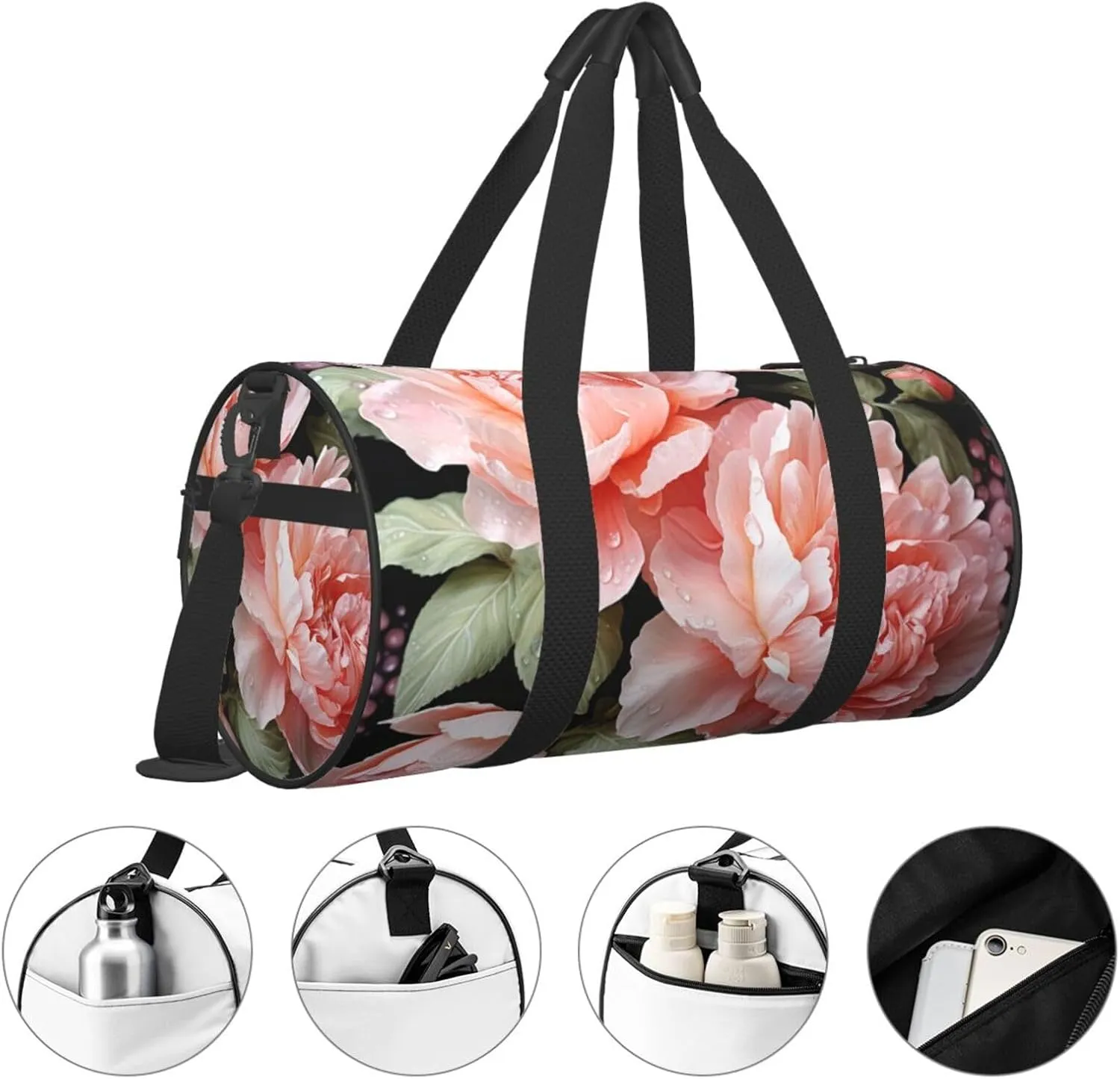 Gym Bags Small Peony Flowers Rose Duffel Bag Overnight Bag with Shoe Compartment Carryon Bag for Men Women