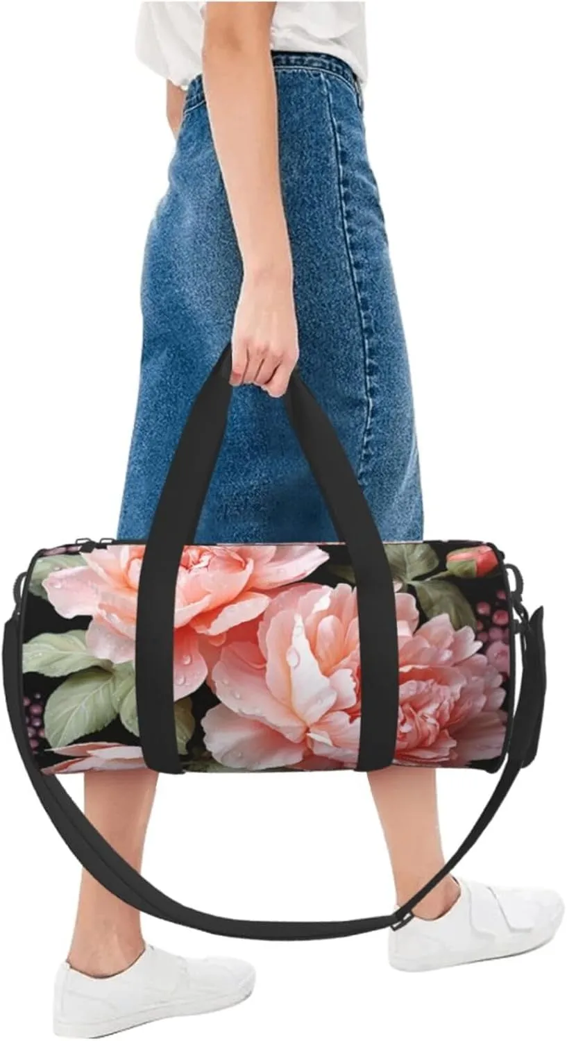 Gym Bags Small Peony Flowers Rose Duffel Bag Overnight Bag with Shoe Compartment Carryon Bag for Men Women